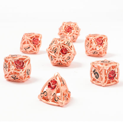 Hollow Rose Polyhedral Metal Dice Set - Rose Gold