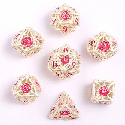Hollow Rose Polyhedral Metal Dice Set - Matt Silver w/Pink