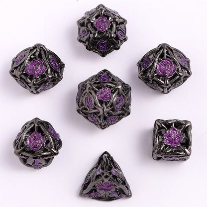 Hollow Rose Polyhedral Metal Dice Set - Gunmetal w/Purple