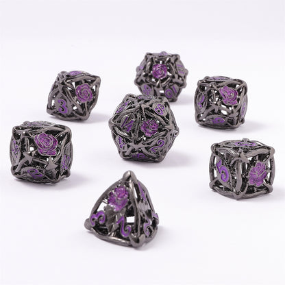 Hollow Rose Polyhedral Metal Dice Set - Gunmetal w/Purple