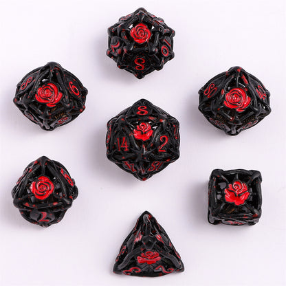 Hollow Rose Polyhedral Metal Dice Set - Black w/Blood Spatter