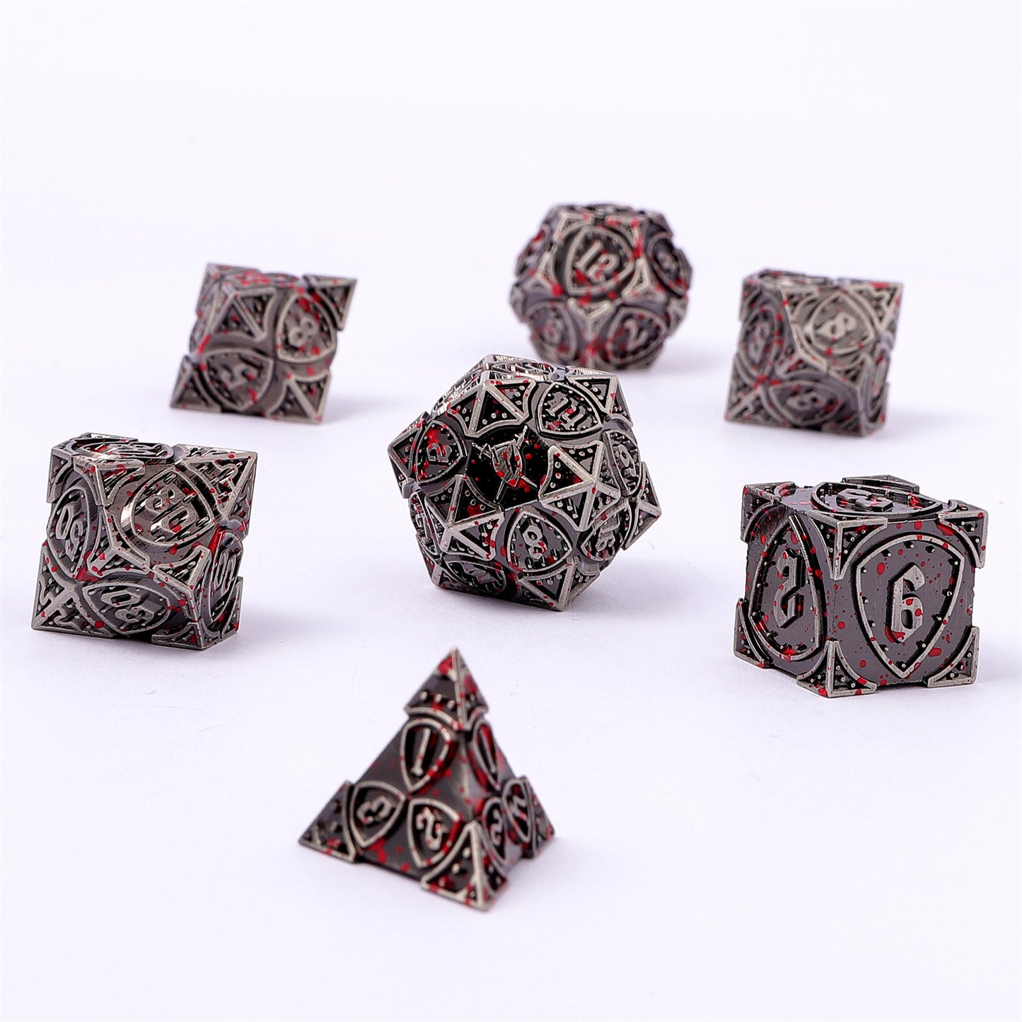 Fighter Solid Metal Polyhedral Dice Set - Ancient Silver w/Blood Splatters