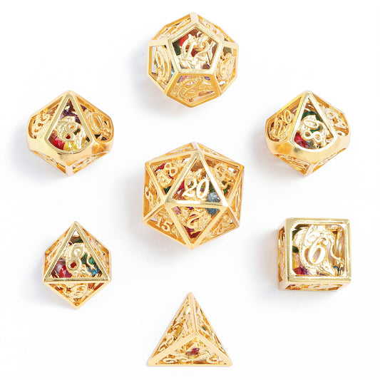 Hollow Dragon Dice Set filled with Gems - 24K Gold Plated