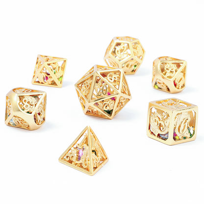 Hollow Dragon Dice Set filled with Gems - 24K Gold Plated