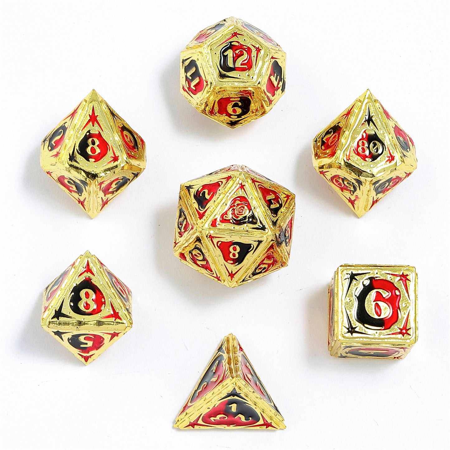 Sorcerer Solid Metal RPG Dice Set - Gold w/Red&Black