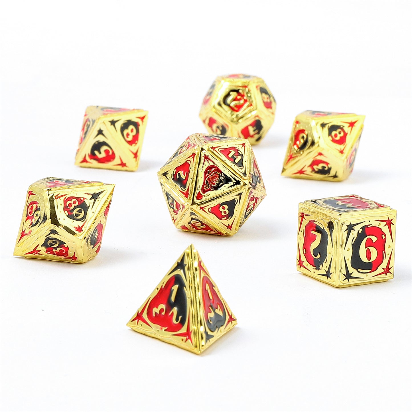Sorcerer Solid Metal RPG Dice Set - Gold w/Red&Black