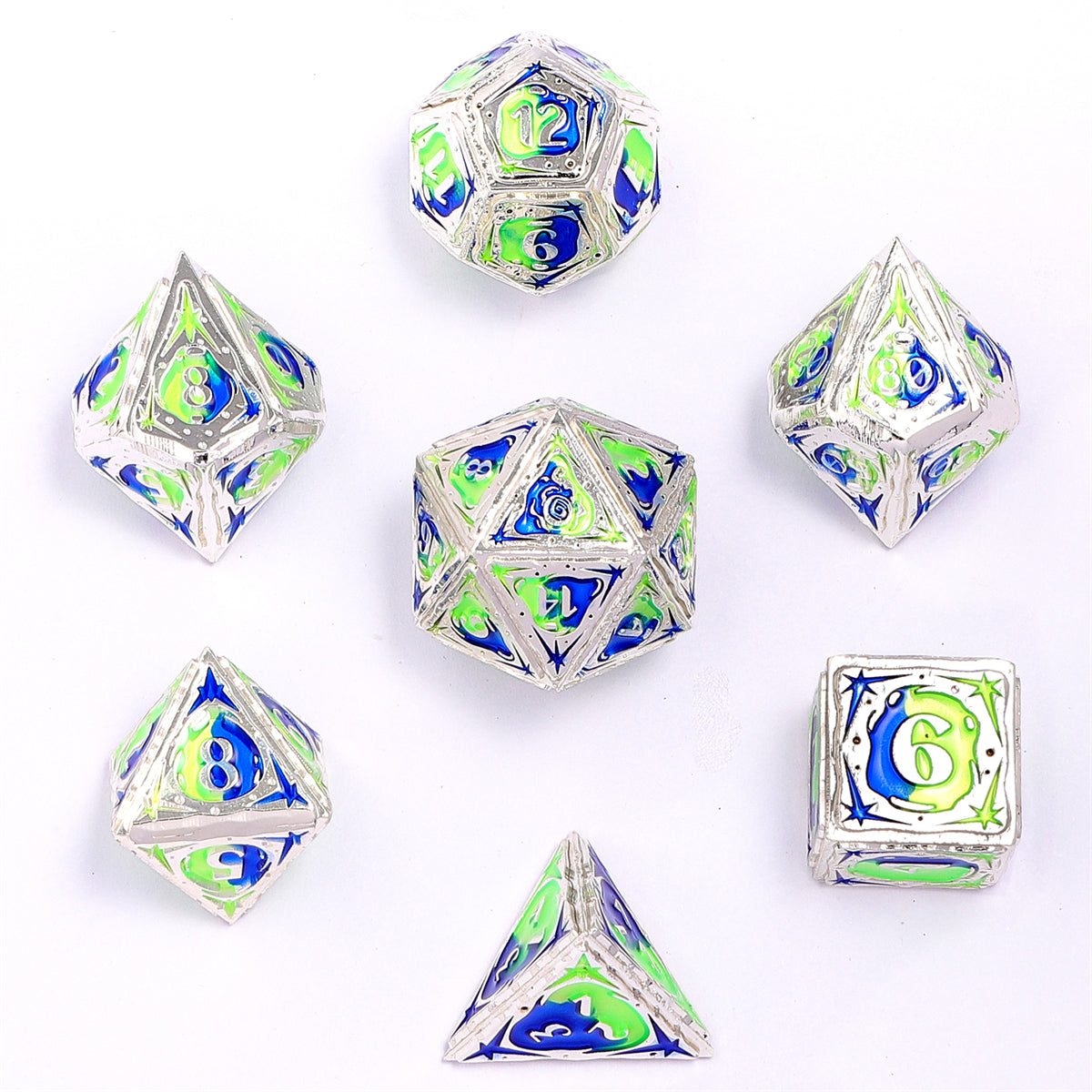 Sorcerer Solid Metal RPG Dice Set - Silver w/Blue&UV reactive green - HYMGHO Dice 