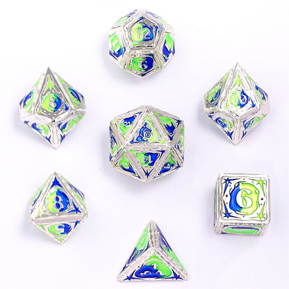 Sorcerer Solid Metal RPG Dice Set - Silver w/Blue&UV reactive green - HYMGHO Dice 