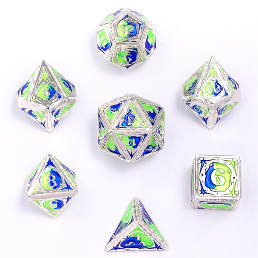 Sorcerer Solid Metal RPG Dice Set - Silver w/Blue&UV reactive green