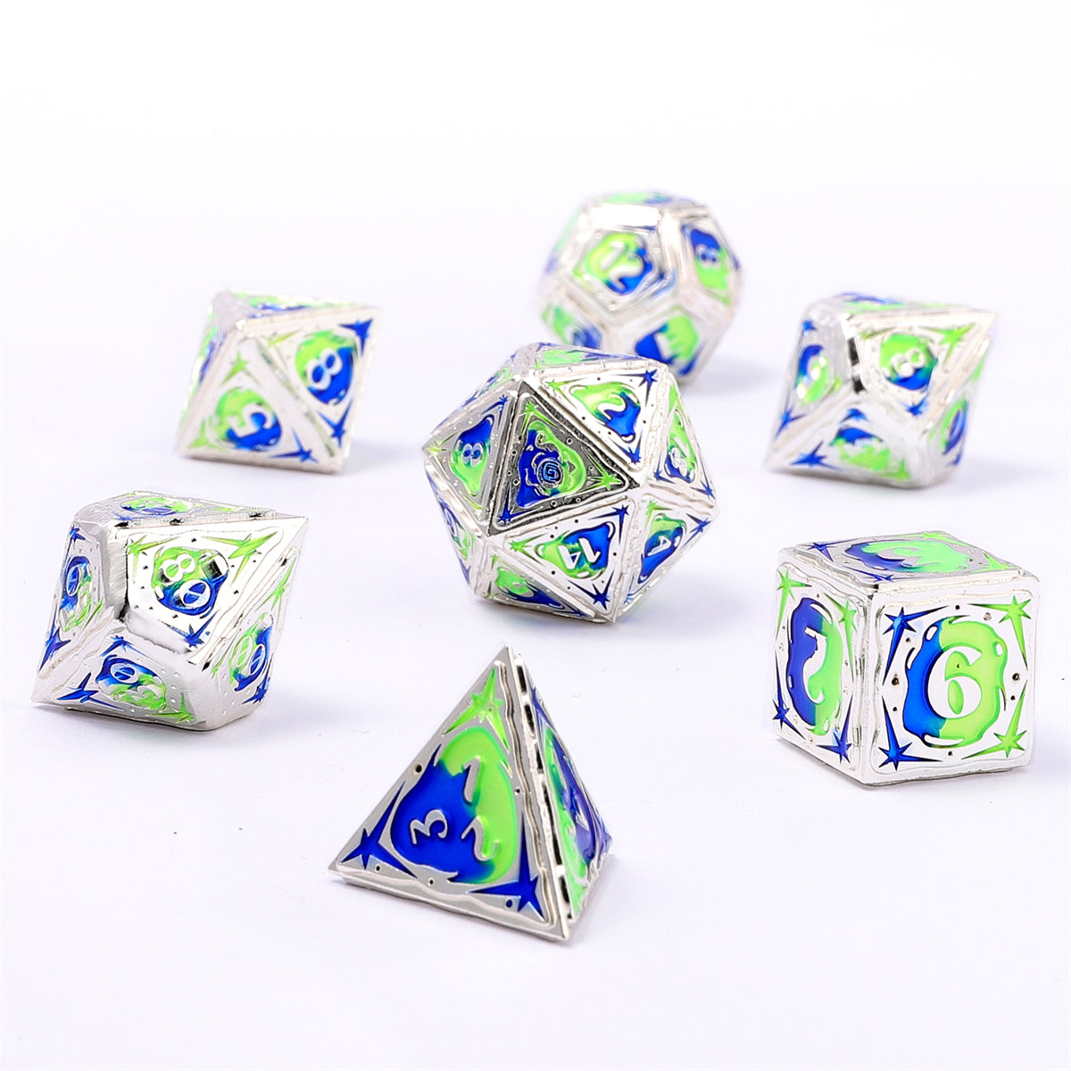 Sorcerer Solid Metal RPG Dice Set - Silver w/Blue&UV reactive green - HYMGHO Dice 