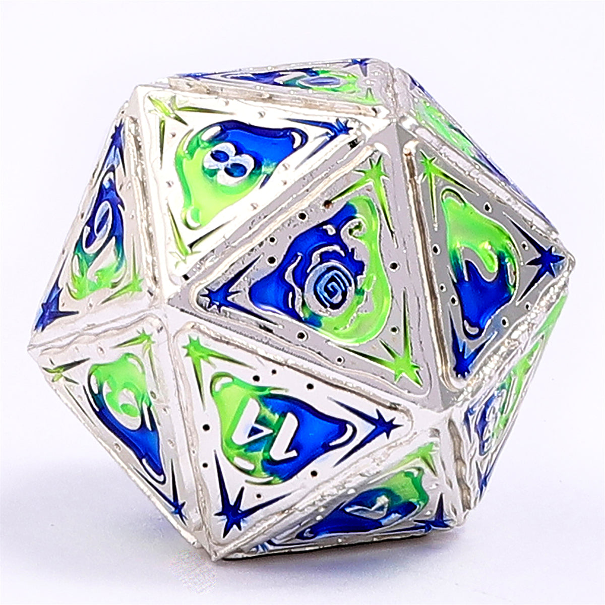 Sorcerer Solid Metal RPG Dice Set - Silver w/Blue&UV reactive green - HYMGHO Dice 