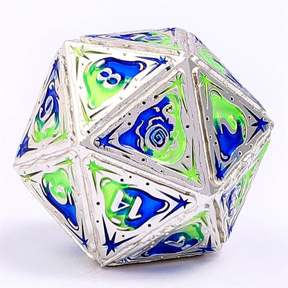 Sorcerer Solid Metal RPG Dice Set - Silver w/Blue&UV reactive green - HYMGHO Dice 