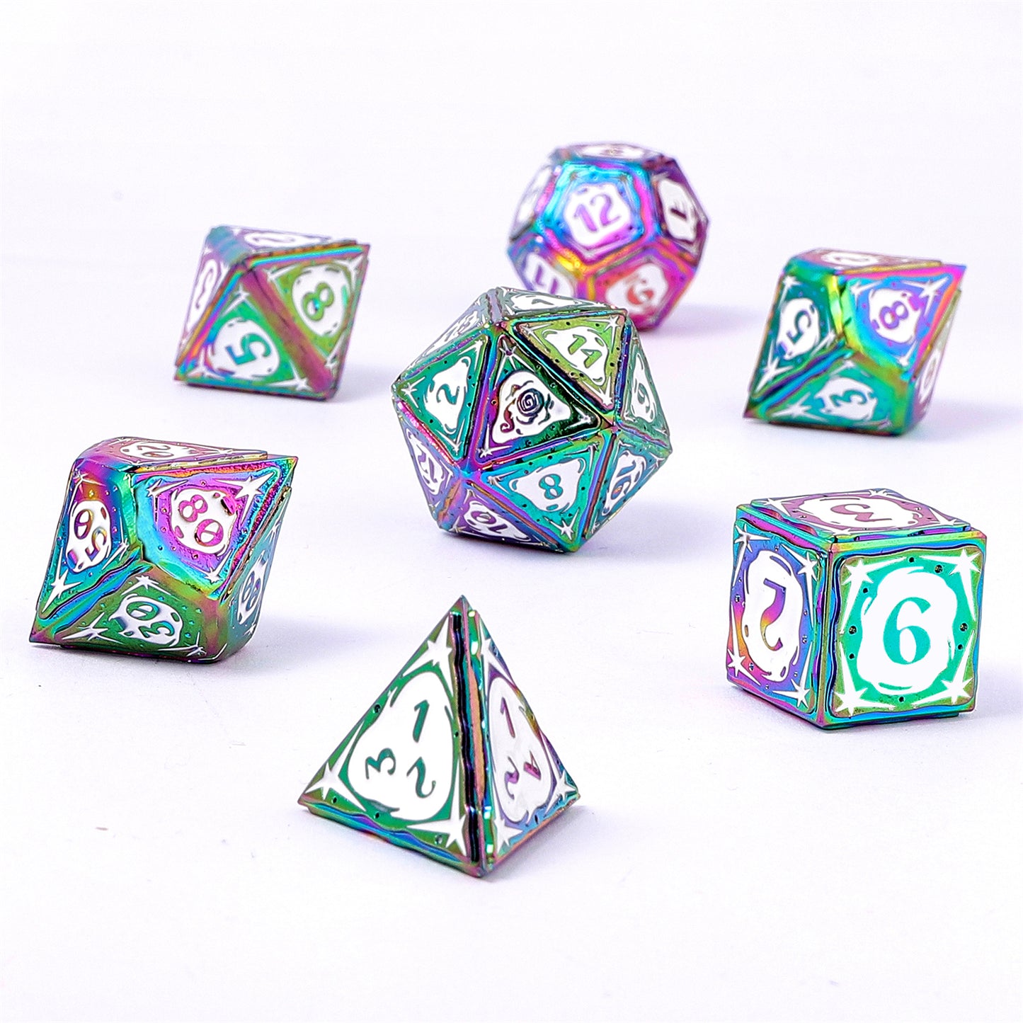Sorcerer Solid Metal RPG Dice Set - Rainbow w/White