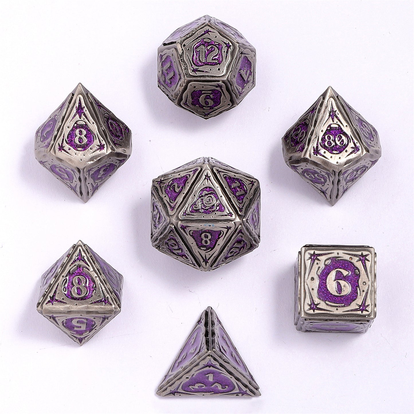 Sorcerer Solid Metal RPG Dice Set - Ancient Silver w/Purple Glitter