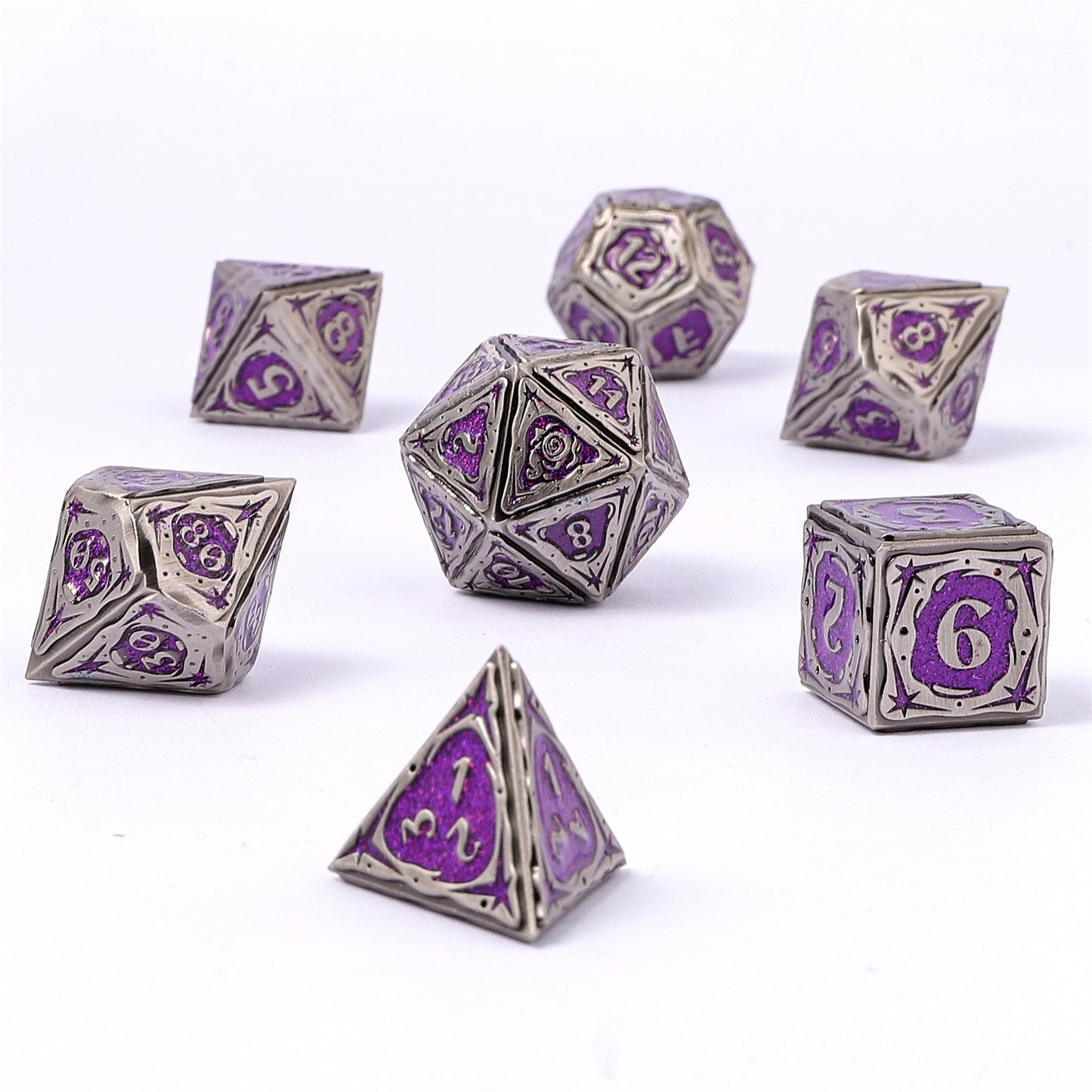 Sorcerer Solid Metal RPG Dice Set - Ancient Silver w/Purple Glitter