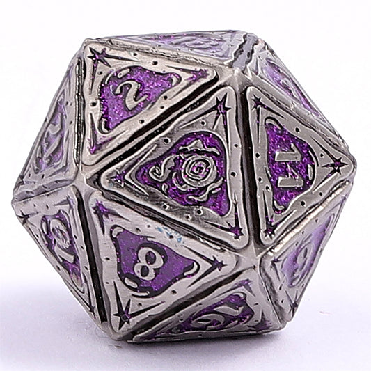 Sorcerer Solid Metal RPG Dice Set - Ancient Silver w/Purple Glitter