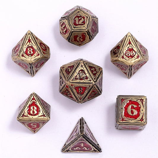 Sorcerer Solid Metal RPG Dice Set - Ancient Bronze w/Red Glitter