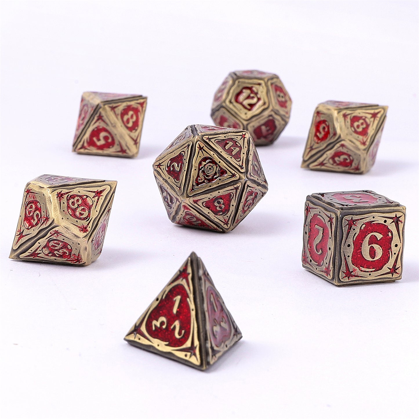 Sorcerer Solid Metal RPG Dice Set - Ancient Bronze w/Red Glitter