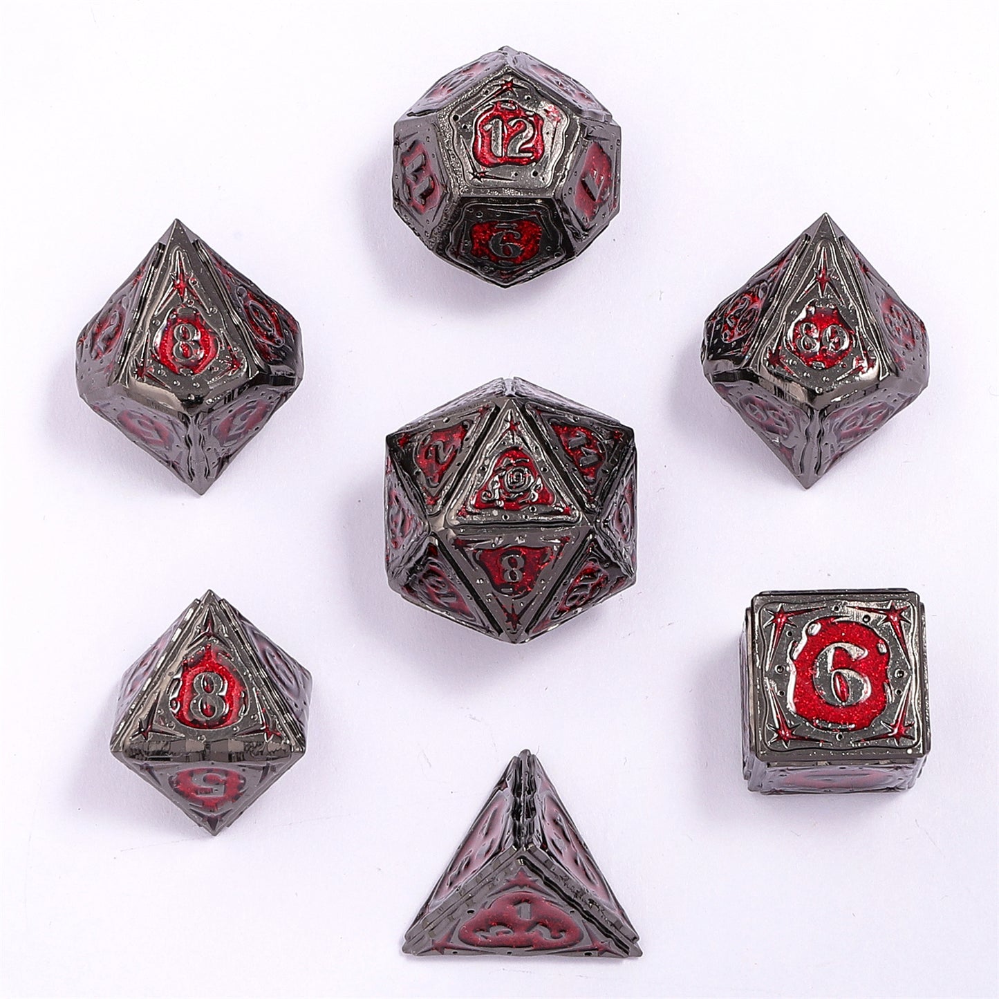 Sorcerer Solid Metal RPG Dice Set - Gunmetal w/Red Glitter