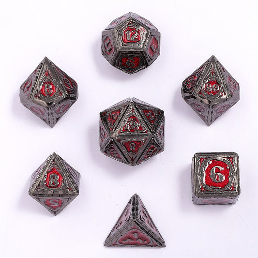 Sorcerer Solid Metal RPG Dice Set - Gunmetal w/Red Glitter