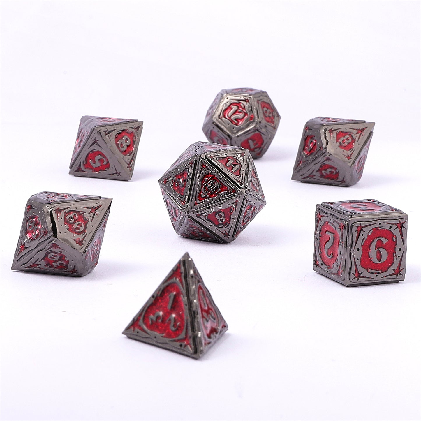 Sorcerer Solid Metal RPG Dice Set - Gunmetal w/Red Glitter