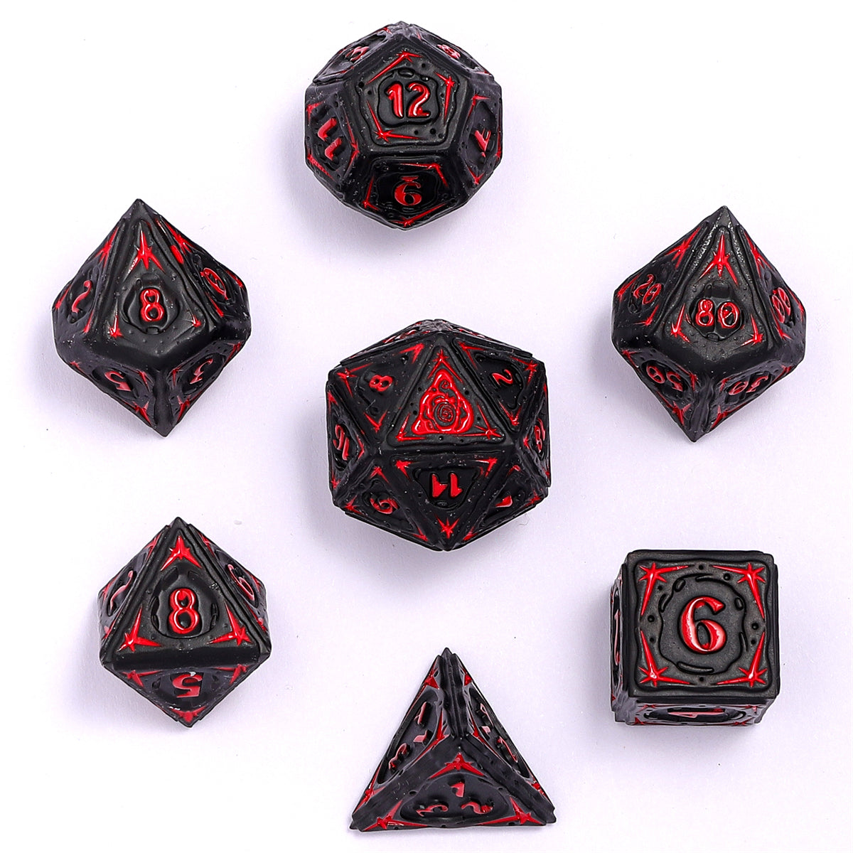 Sorcerer Solid Metal RPG Dice Set - Matt Black w/Red - HYMGHO Dice 