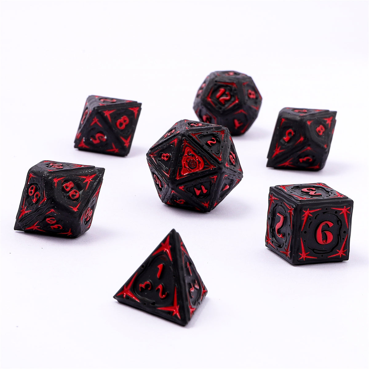 Sorcerer Solid Metal RPG Dice Set - Matt Black w/Red - HYMGHO Dice 