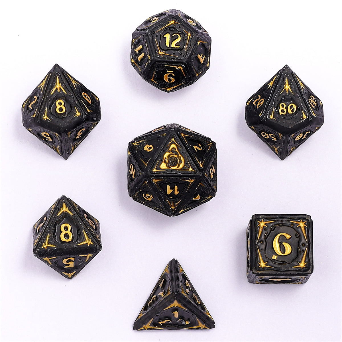 Sorcerer Solid Metal RPG Dice Set - Matt Black w/Gold