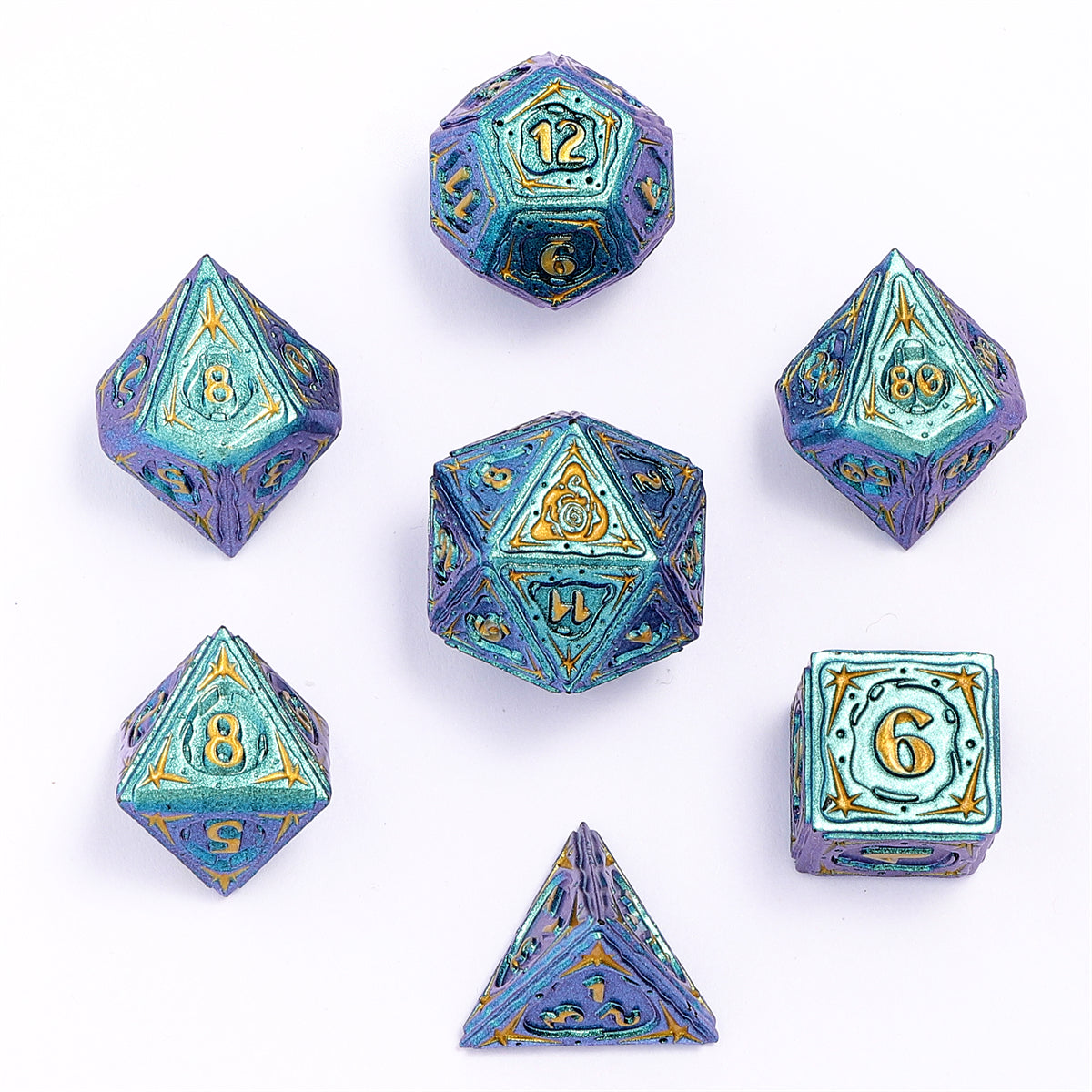 Sorcerer Solid Metal RPG Dice Set - Teal w/Gold