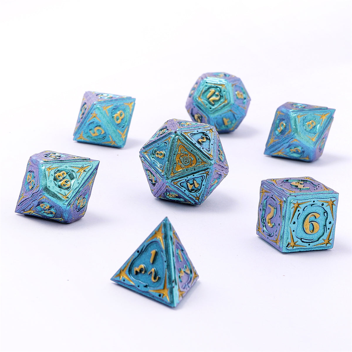 Sorcerer Solid Metal RPG Dice Set - Teal w/Gold
