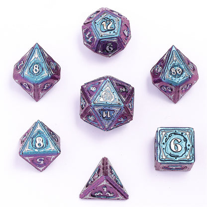 Sorcerer Solid Metal RPG Dice Set - Chameleon Blue w/Silver