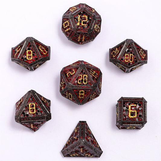 Hollow Metal Necromancer Dice Set - Gunmetal w/Gold And Red