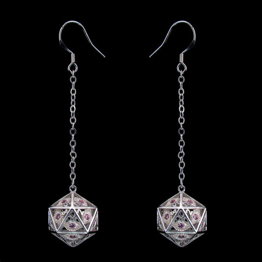Dragon's eye D20 earrings-Silver w/Pink gems