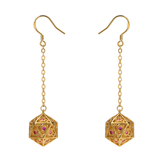 Dragon's eye D20 earrings-Gold w/Red gems