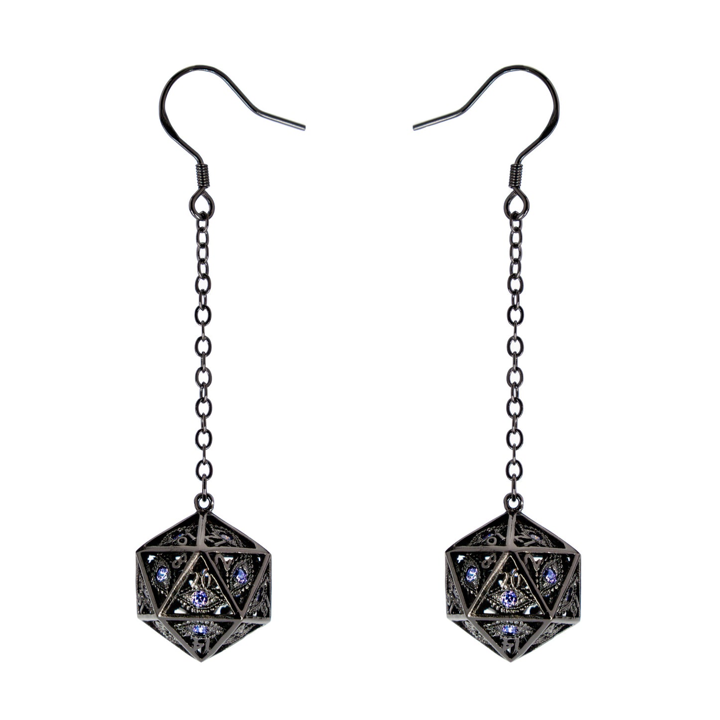 Dragon's eye D20 earrings-Gunmetal w/Purple gems