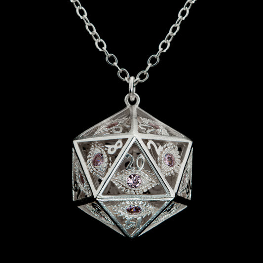 Dragon's eye D20 necklace-Silver w/Pink gems