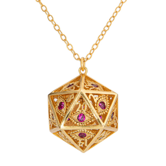 Dragon's eye D20 necklace-Gold w/Red gems