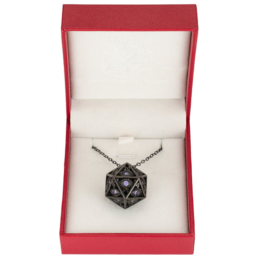 Dragon's eye D20 necklace-Gunmetal w/Purple gems