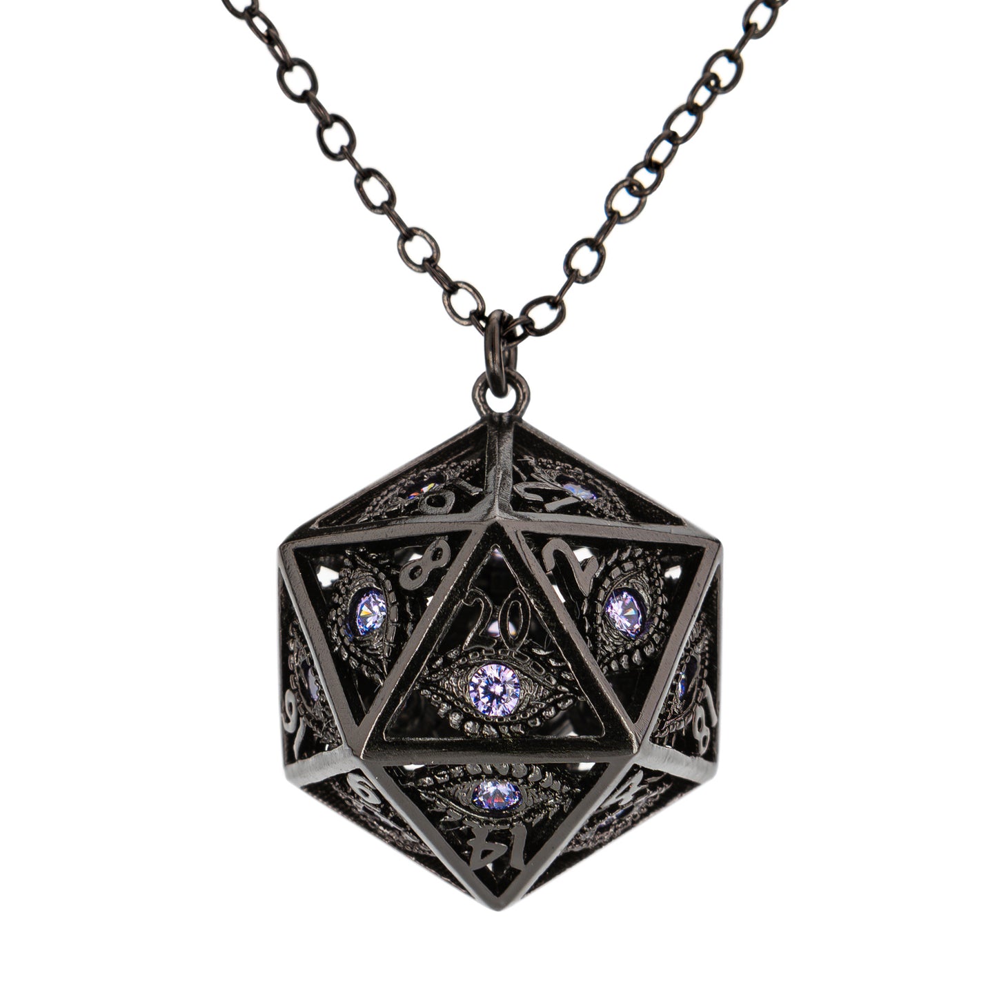 Dragon's eye D20 necklace-Gunmetal w/Purple gems