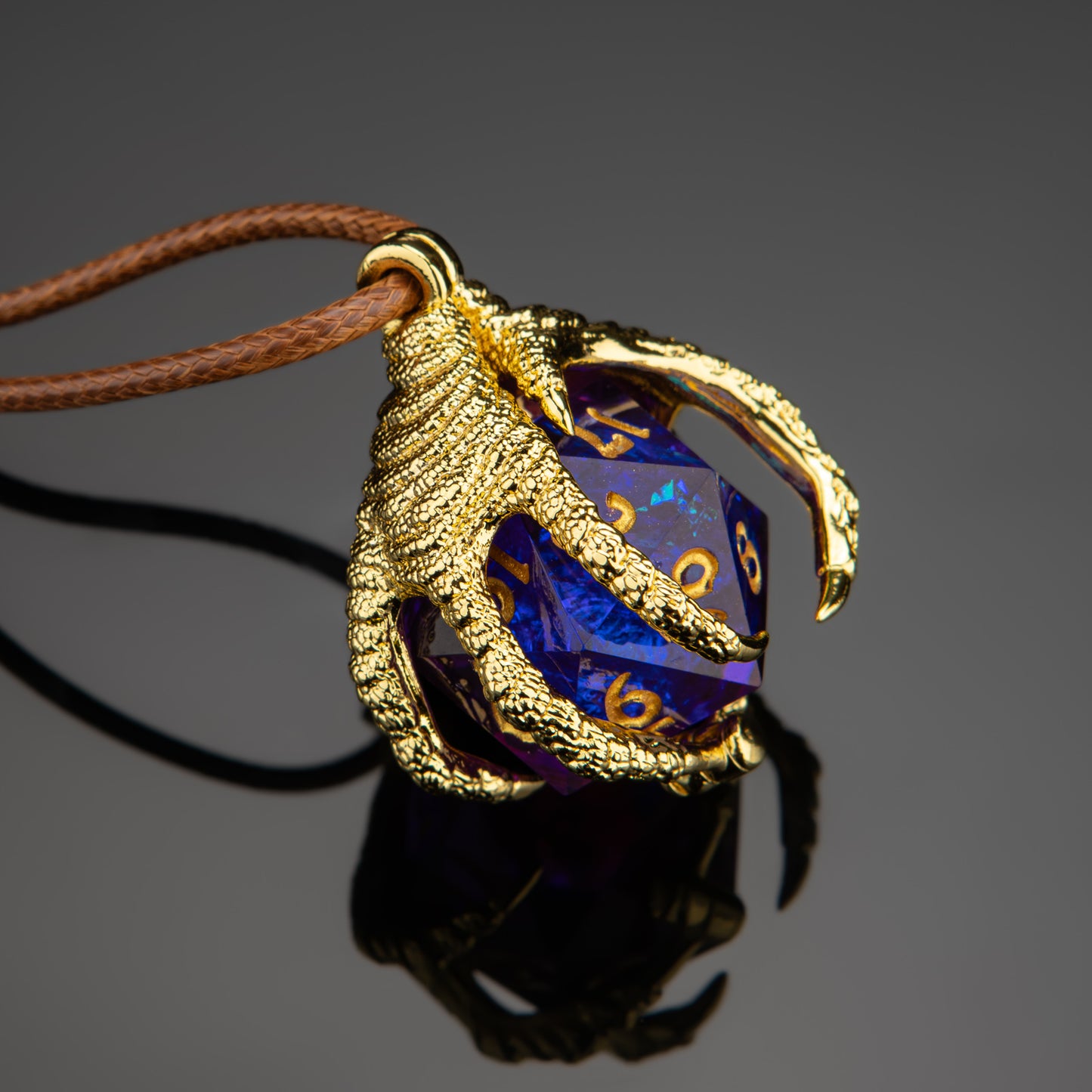 Dragon's claw necklace with random sharp resin D20s-Gold