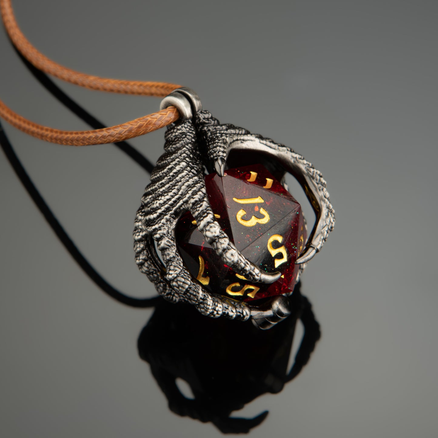 Dragon's claw necklace with random sharp resin D20s-Silver