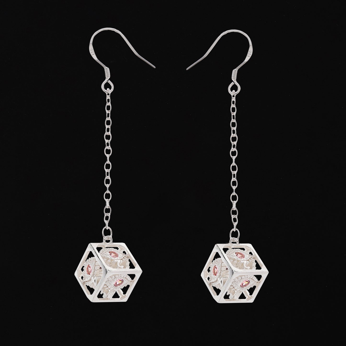 Dragon's eye D6 earrings-Silver w/Pink gems