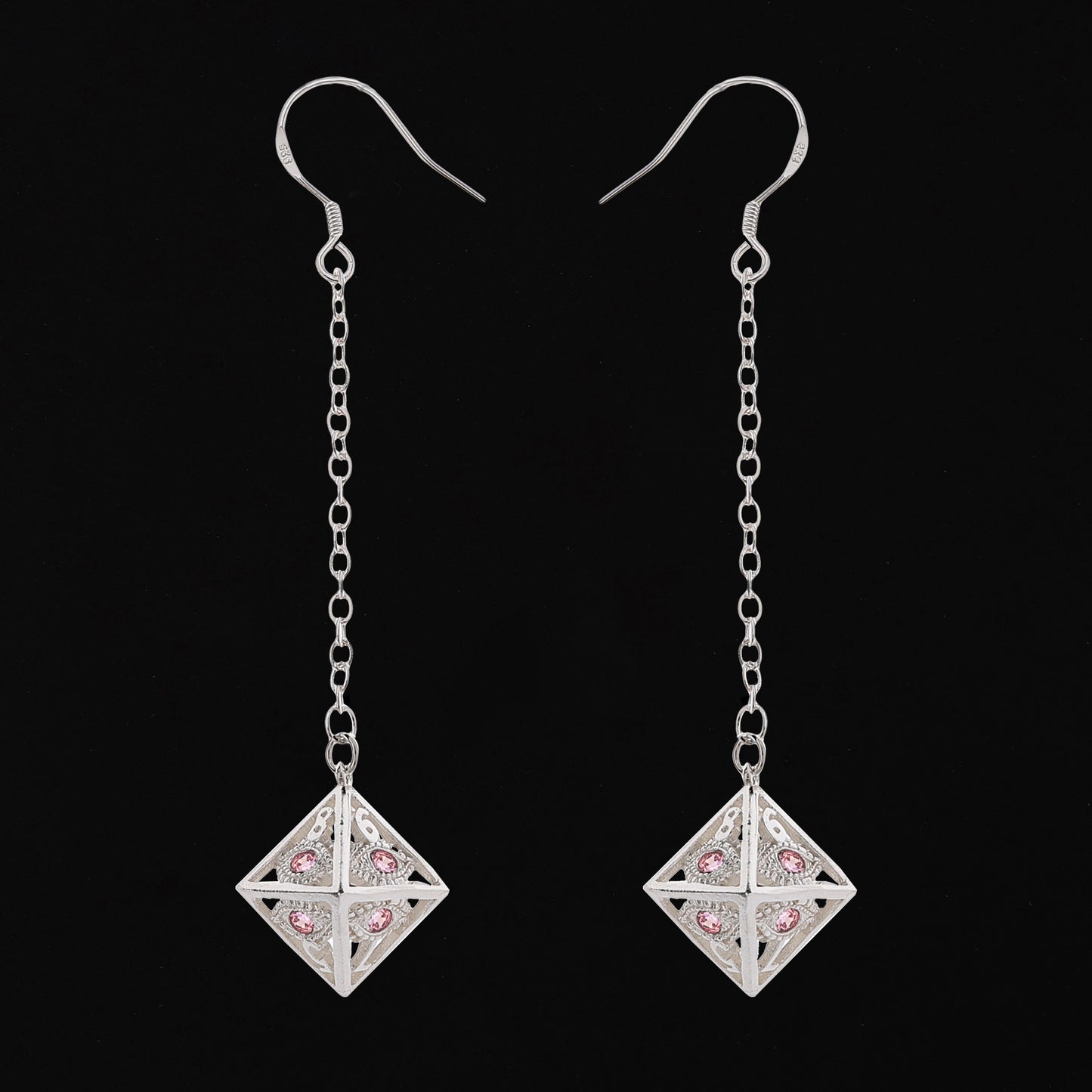 Dragon's eye D8 earrings-Silver w/Pink gems