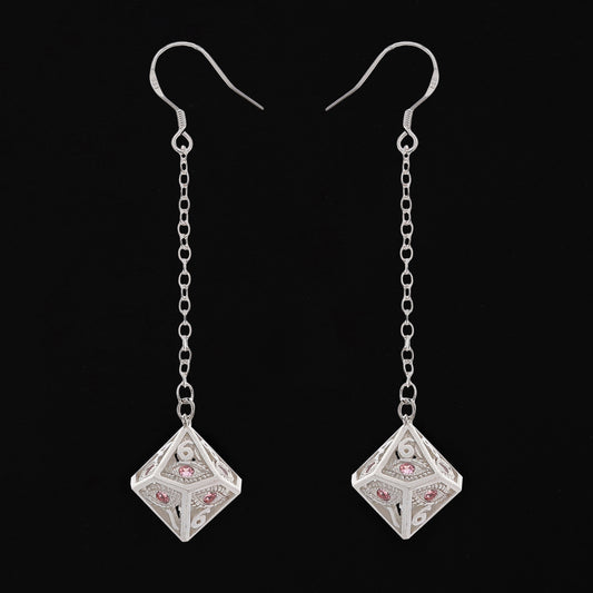 Dragon's eye D10 earrings-Silver w/Pink gems