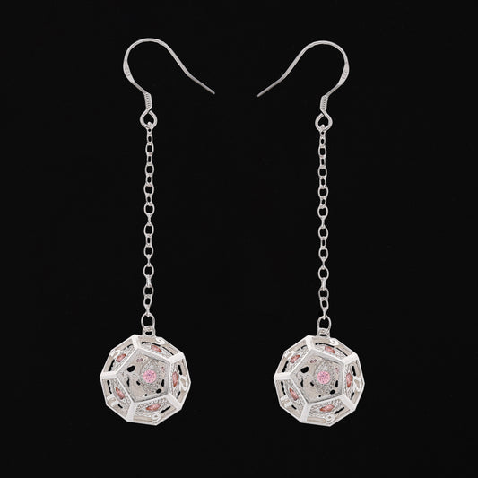 Dragon's eye D12 earrings-Silver w/Pink gems