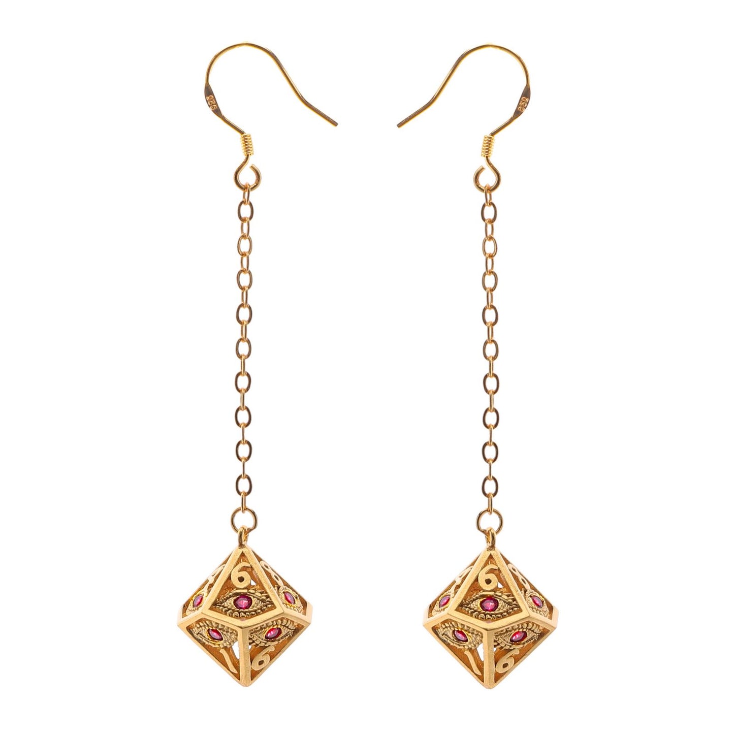 Dragon's eye D10 earrings-Gold w/Red gems