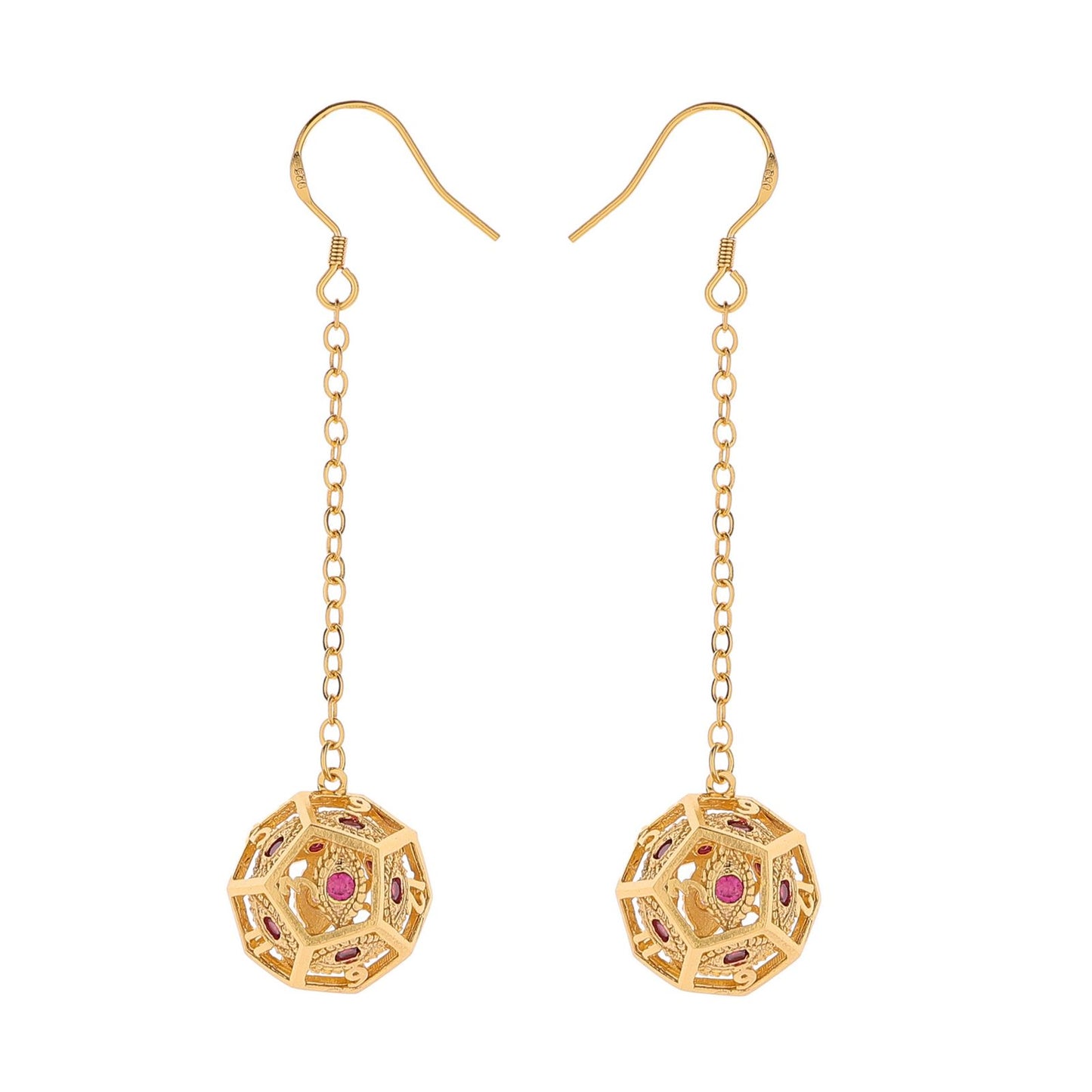 Dragon's eye D12 earrings-Gold w/Red gems