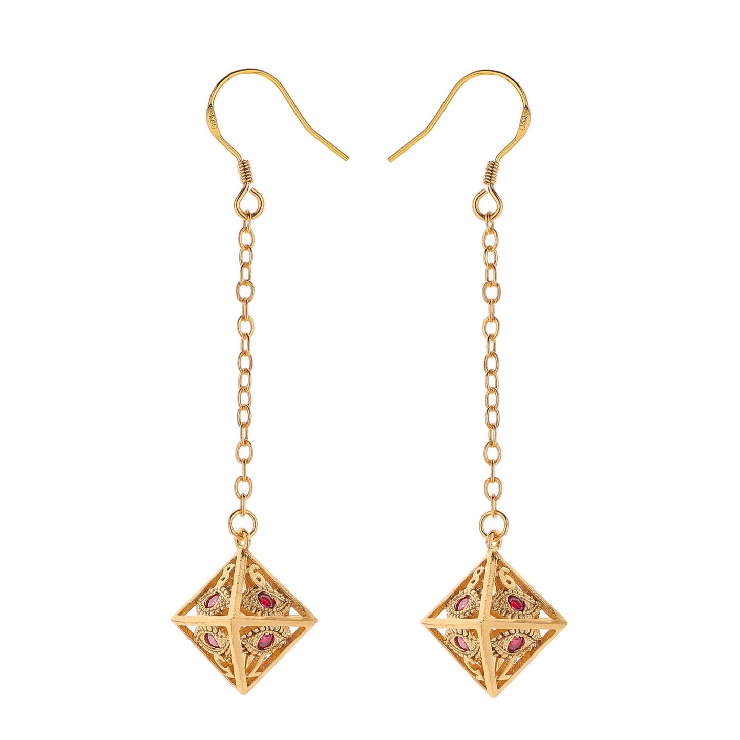 Dragon's eye D8 earrings-Gold w/Red gems