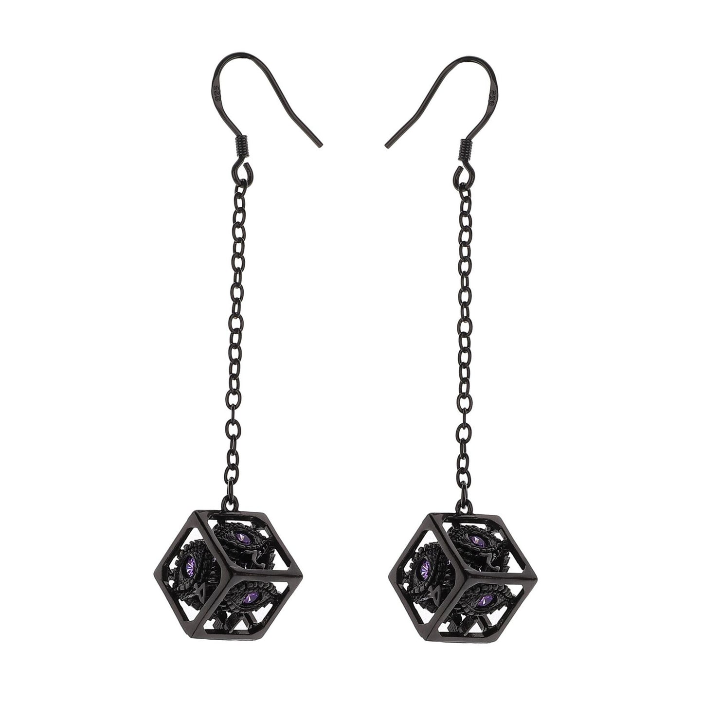 Dragon's eye D6 earrings-Gunmetal w/Purple gems