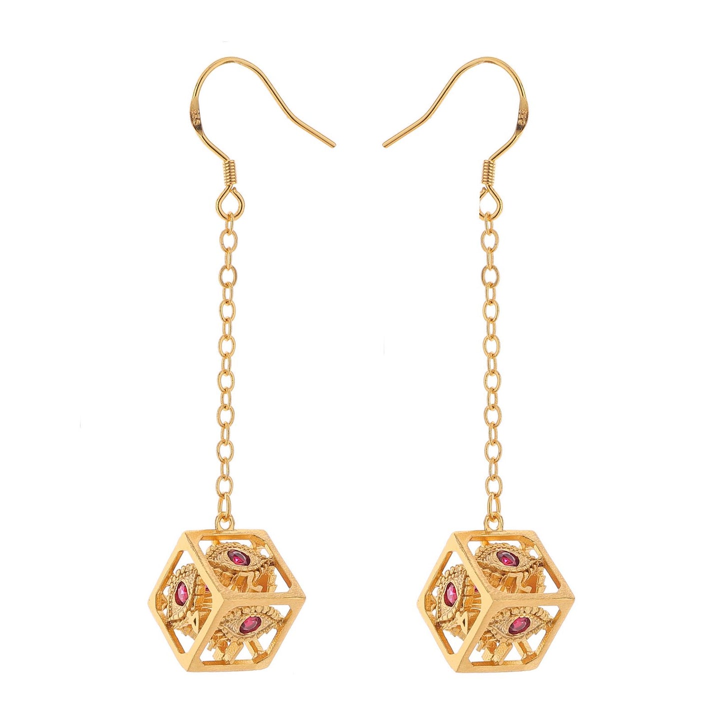 Dragon's eye D6 earrings-Gold w/Red gems